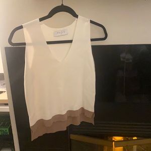 Knitted Vest w/ Contrast Hem In White & Brown (S)